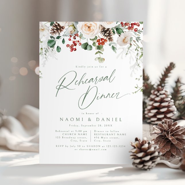 Convite Festive Floral Winter Wedding Rehearsal Dinner (Festive Floral Winter Wedding Rehearsal Dinner Invitation)