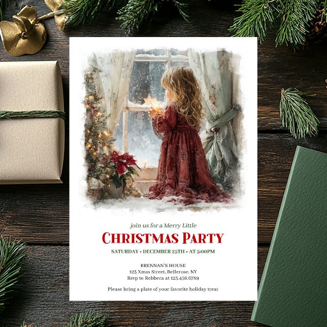 Convite Festive girl awaits Santa printable Christmas  (Festive girl awaits Santa printable Christmas invite)