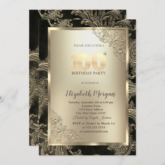 Convite Festive Gold Frame,Floral Damask 100th Birthday (Frente/Verso)