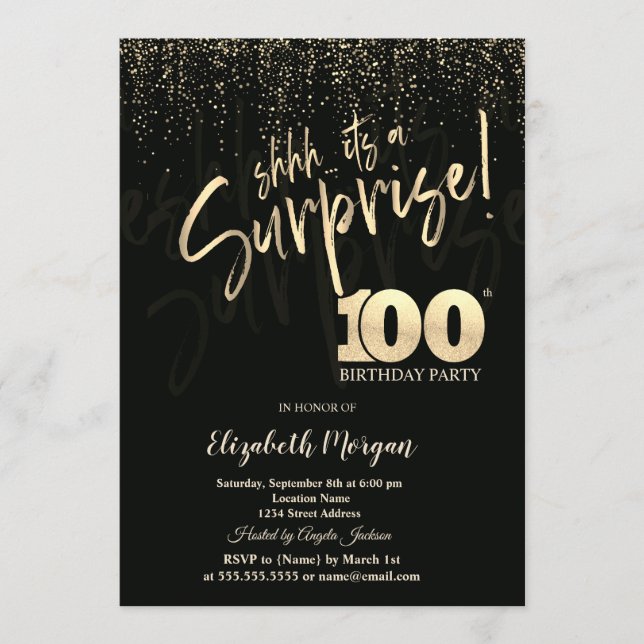 Convite Festive Gold Surprise 100th Birthday Party (Frente)