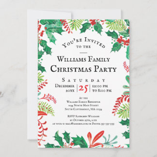 Convite Festive Holly Christmas Red Green Party Invitation