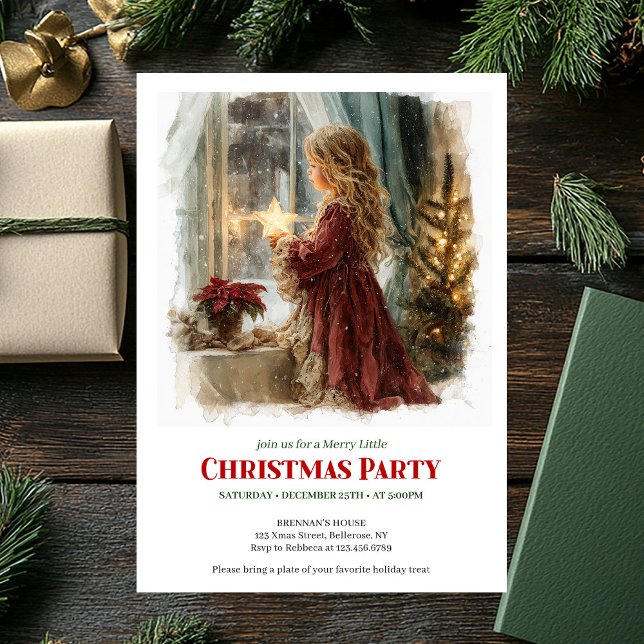 Convite Festive little girl holding shining star printable (Festive little girl holding shining star printable invitation

)