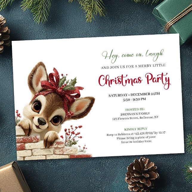 Convite Festive peeking reindeer kids Christmas party  (Festive peeking reindeer kids Christmas party design)