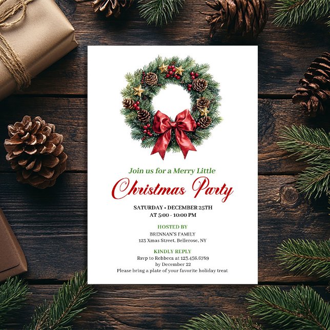 Convite Festive Pine Wreath Christmas Party Editable Card (Festive Pine Wreath Christmas Party Editable Card)