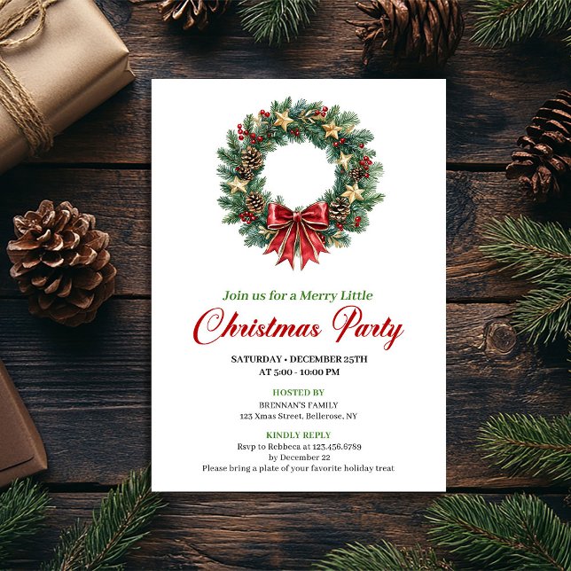Convite Festive Pine Wreath Christmas Party Invitation (Festive Pine Wreath Christmas Party Invitation)