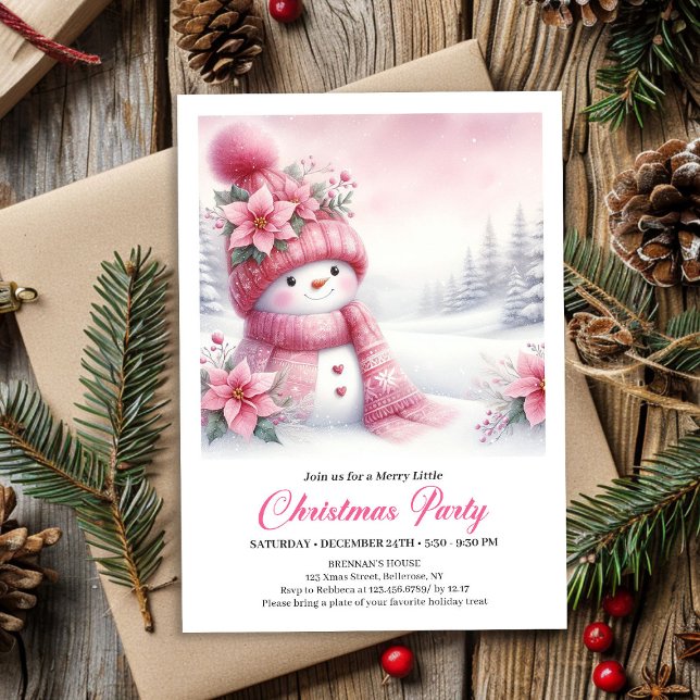Convite Festive Pink Snowman Kids Christmas Invite Digital (Festive Pink Snowman Kids Christmas Invite Editable File)