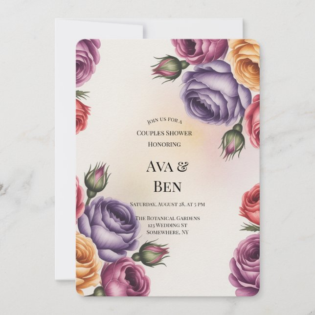 Convite Festive Purple Orange and Red Roses Couples Shower (Frente)