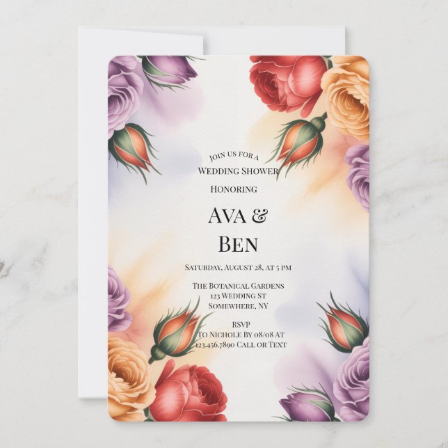 Convite Festive Purple Orange and Red Roses Wedding Shower (Frente)