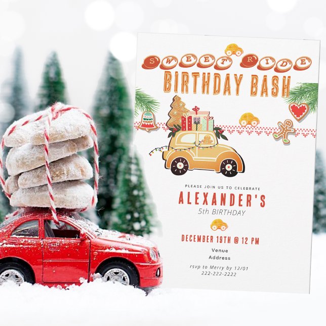 Convite Festive Race Car Gingerbread Christmas Birthday  (Festive Race Car Gingerbread Christmas Racing Cars Kids Any Age Fun Birthday Invitation)