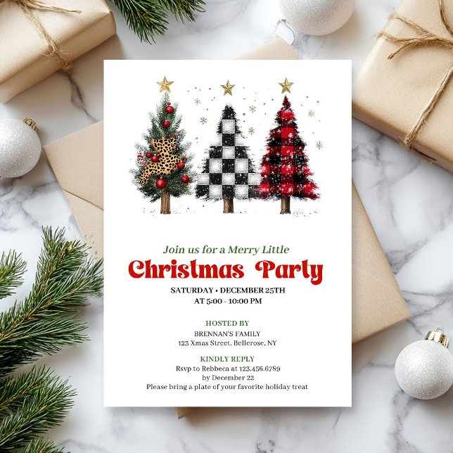 Convite Festive red black buffalo Christmas tree invites (Festive red black buffalo Christmas tree invitation)