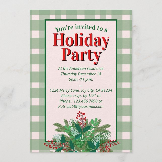Convite Festive red  & green plaid holiday party (Frente)