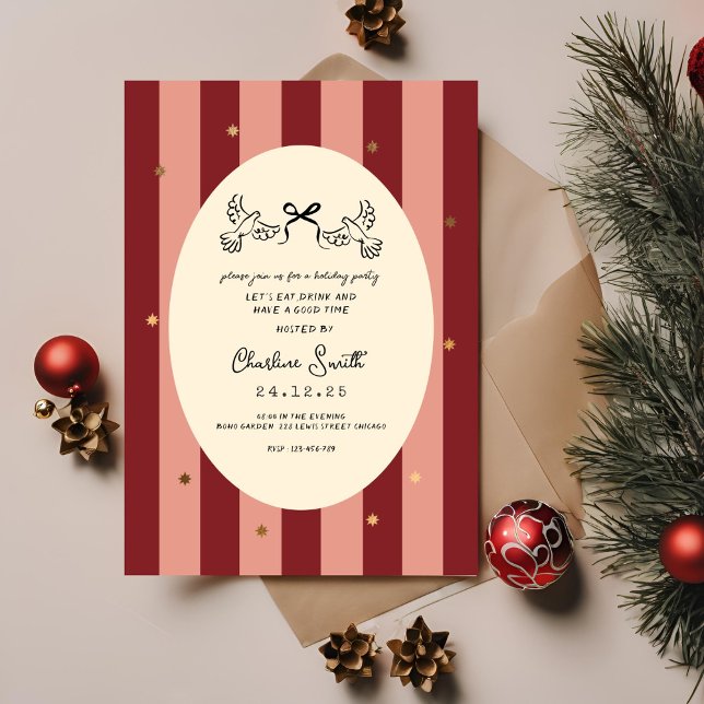 Convite Festive Red Pink Striped Holiday Party Invitation (Criador carregado)
