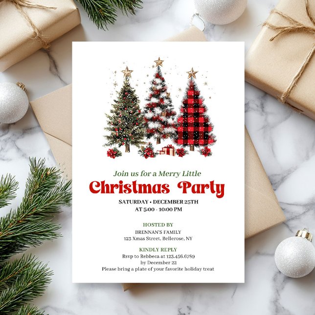 Convite Festive red plaid buffalo Christmas tree invites (Festive red plaid buffalo Christmas tree invitation)