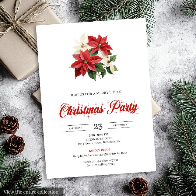 Convite Festive Red Poinsettia Floral Script Font Xmas (Festive Red Poinsettia Floral Script Font Christmas Invitation)