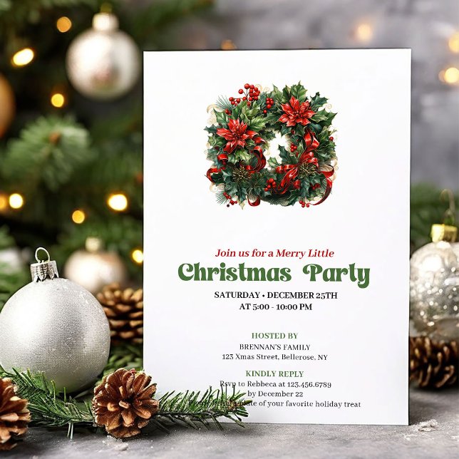 Convite Festive Retro Christmas Wreath Party Invitation (Festive Retro Christmas Angel Party Invitation)