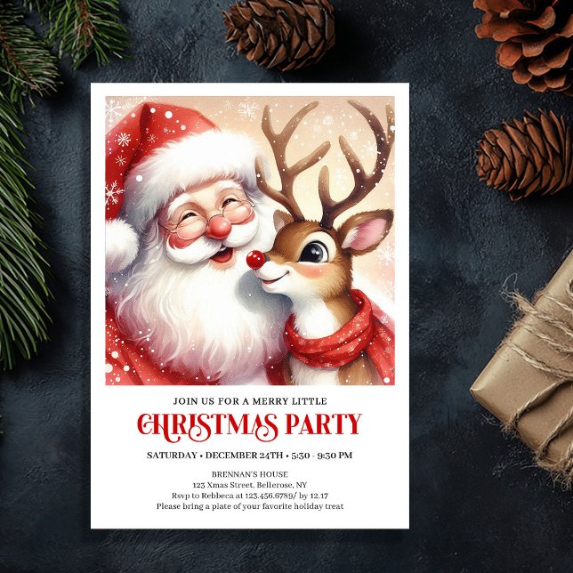 Convite Festive Santa and Rudolph Holiday Family Joy Party (Festive Santa and Rudolph Holiday Family Joy Party Invitation

)