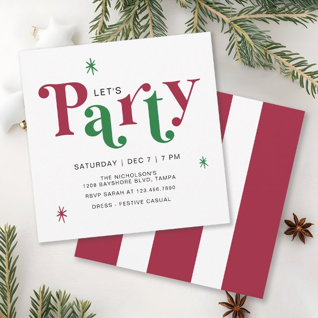 Convite Festive Typography Let's Party Fun Holiday (Available in both printed and instant download digital formats.)