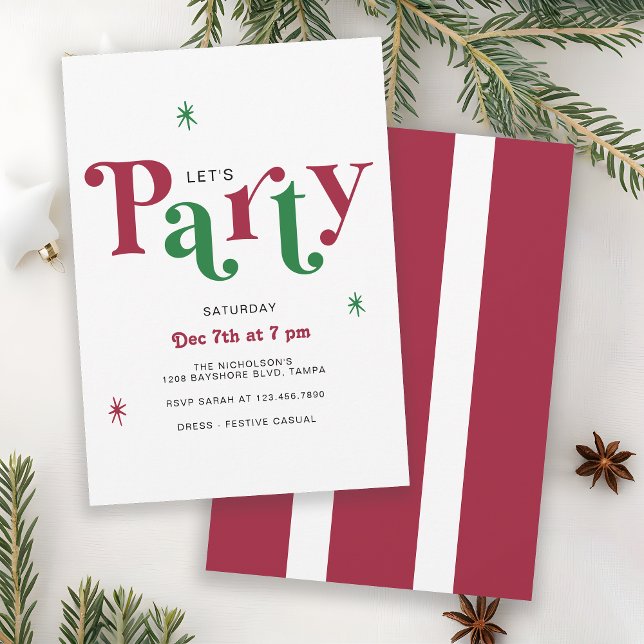Convite Festive Typography Let's Party Whimsical Holiday (Available in both printed and instant download digital formats.)