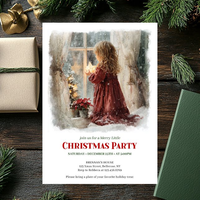 Convite Festive Victorian Little Girl Awaiting Santa  (Festive Victorian Little Girl Awaiting Santa Editable Invite)