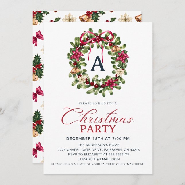 Convite Festive Watercolor Christmas Holly Wreath Party (Frente/Verso)