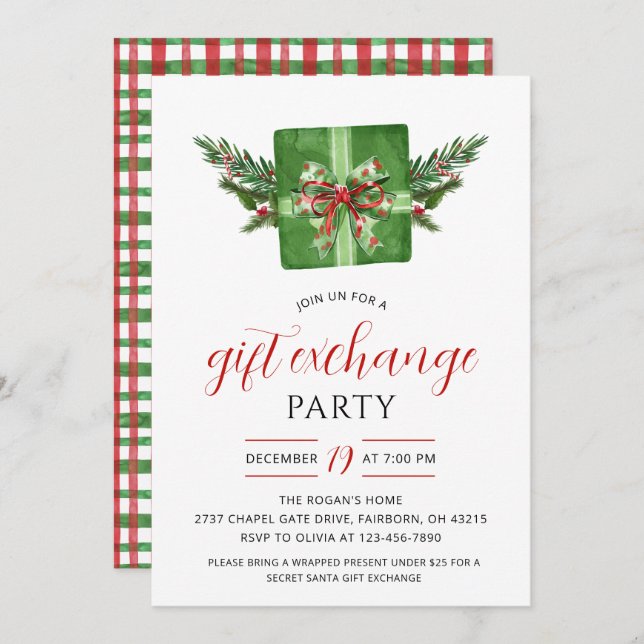 Convite Festive Watercolor Gift Exchange Christmas Party (Frente/Verso)