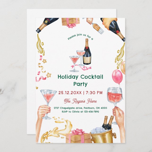 Convite Festive Watercolor Holiday Cocktail Party (Frente/Verso)