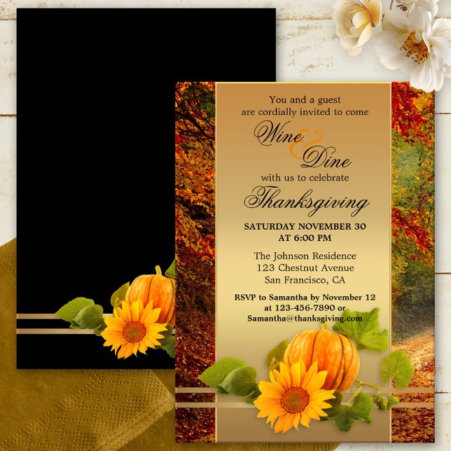 Convite Festivo Ação de Graças ou Fall Jantar Party (Festive Thanksgiving or Fall Celebration dinner party invitation featuring a pumpkin and sunflower )