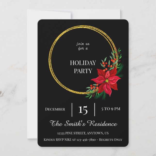 Convite Festivo Black Wreath Holiday Party Elegante (Frente)