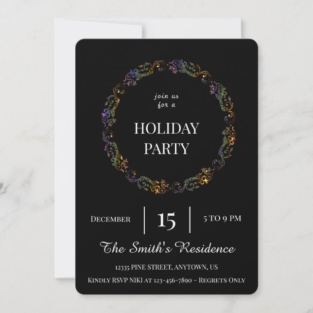 Convite Festivo Black Wreath Holiday Party Elegante (Frente)