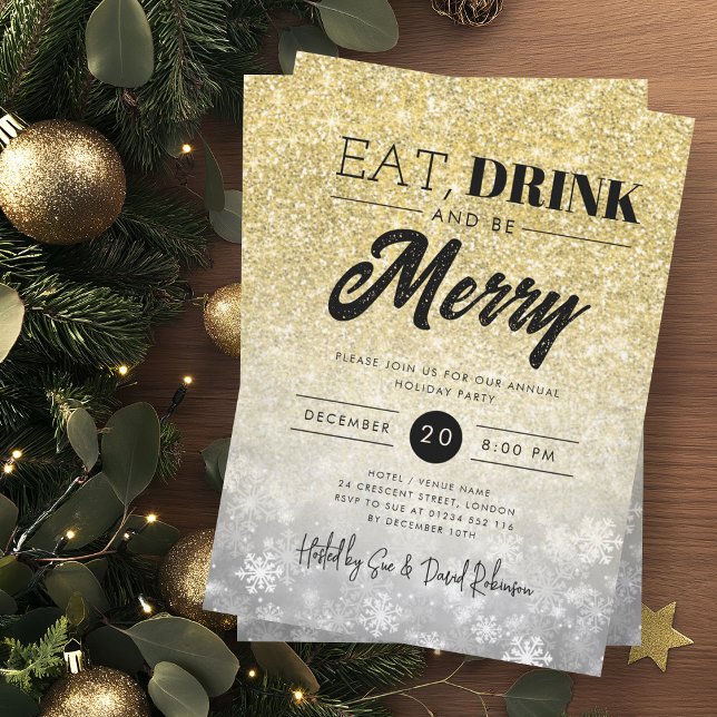 Convite Festivo Coma e Beba Dourado Feriado de Prata Natal (Festive Eat & Drink Gold Silver Holiday Christmas Invitation)