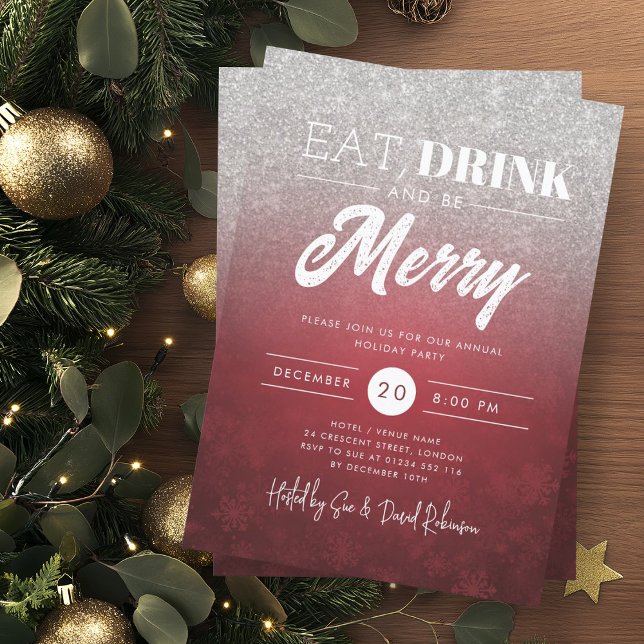 Convite Festivo Coma e Beba Festa Vermelha de Prata (Festive Eat & Drink Silver Red Holiday Xmas Party Invitation)