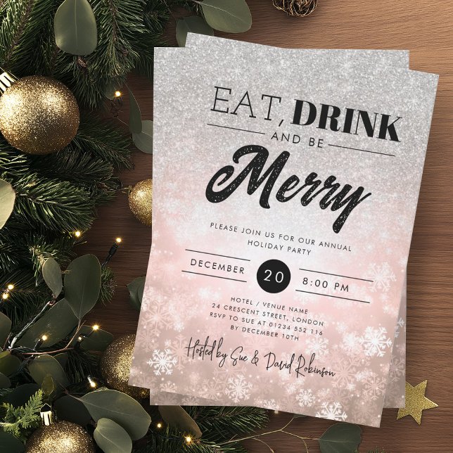 Convite Festivo Coma e Beba Rosa de Prata Natal Dourado Na (Festive Eat & Drink Silver Rose Gold Holiday Xmas Invitation)