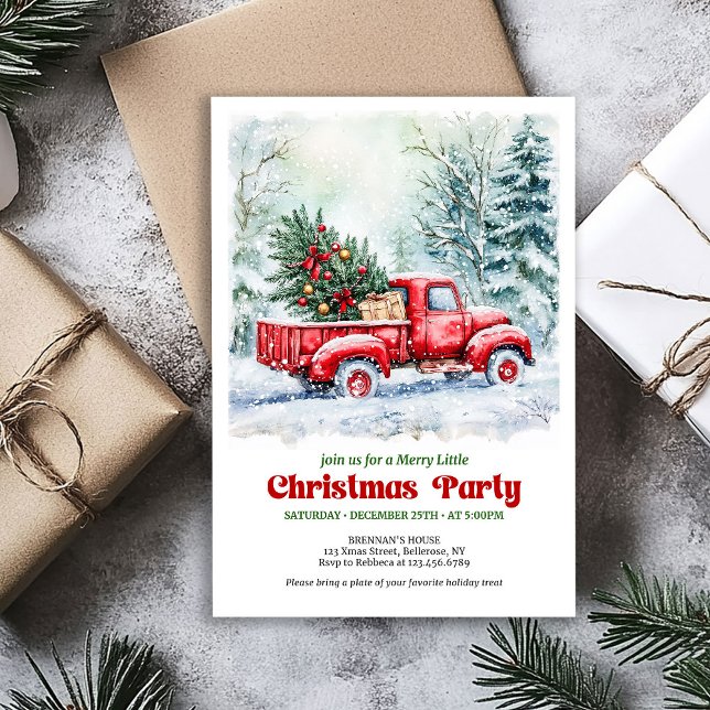 Convite festivo de Natal com cena de caminhão verm (Cozy red truck Christmas scene festive invitation)