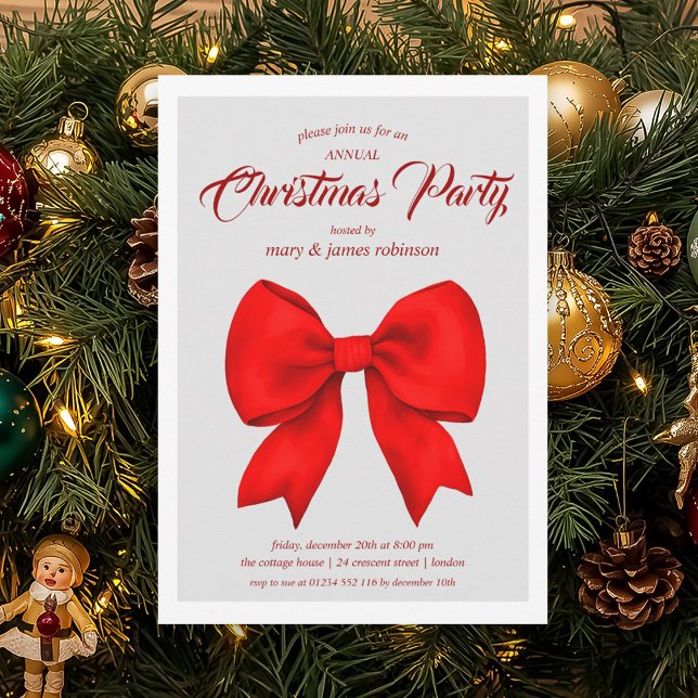 Convite Festivo Festa de Natal do Arco Vermelho (Festive Red Bow Christmas Holiday Party Invitation)