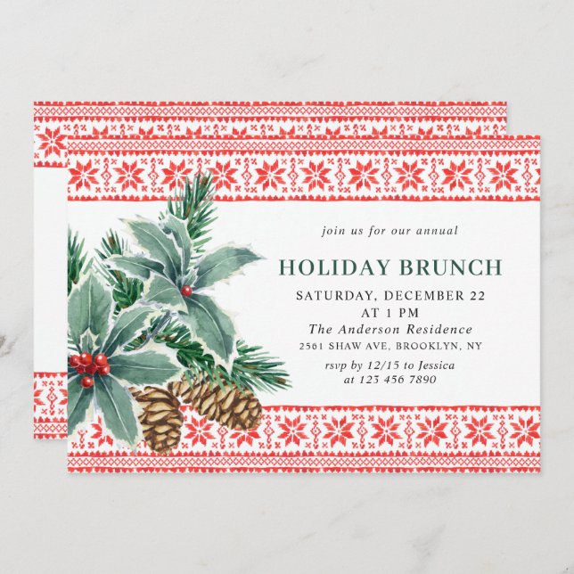 Convite Festivo Holly Berry CHRISTMAS HOLIDAY BRUNCH (Frente/Verso)