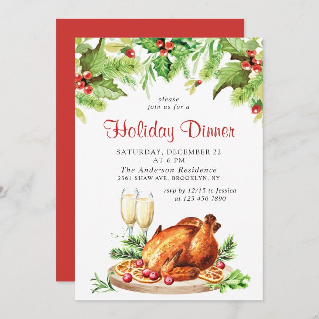 Convite Festivo Holly Berry, Festa de Janto de Férias de N (Frente/Verso)