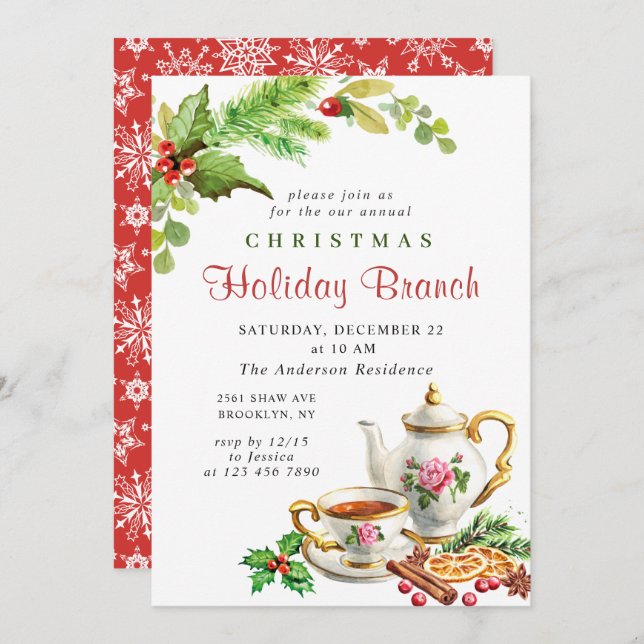 Convite Festivo Holly Berry Foliday Branch (Frente/Verso)