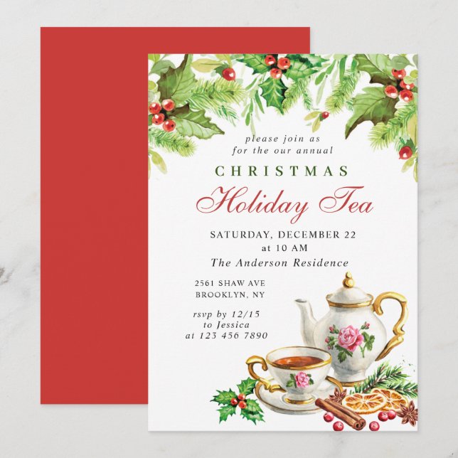 Convite Festivo Holly Berry Natal Festa de Chá (Frente/Verso)