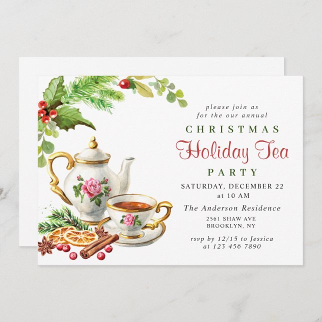 Convite Festivo Holly Berry Natal Festa de Chá (Frente/Verso)