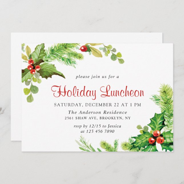 Convite Festivo Holly Berry Natal Lunchee (Frente/Verso)