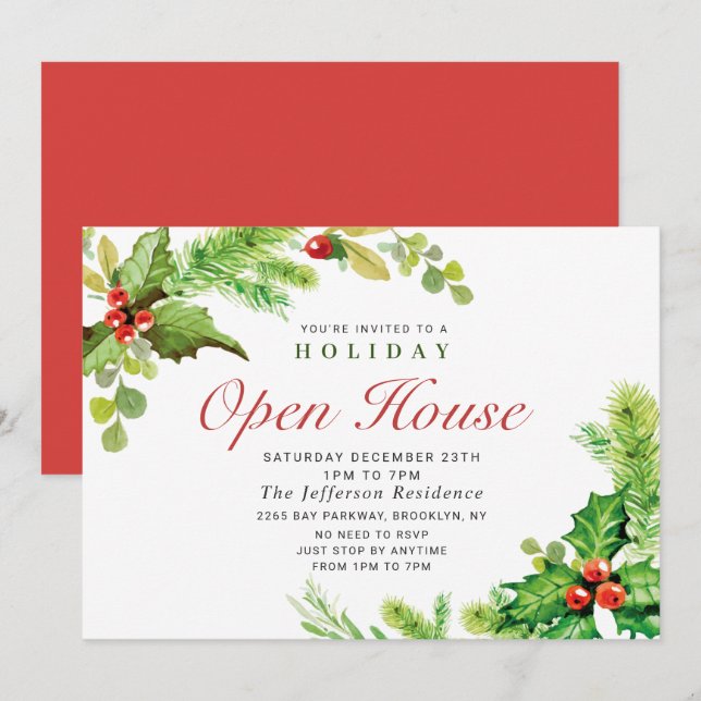 Convite Festivo Holly Berry Natal Open House (Frente/Verso)