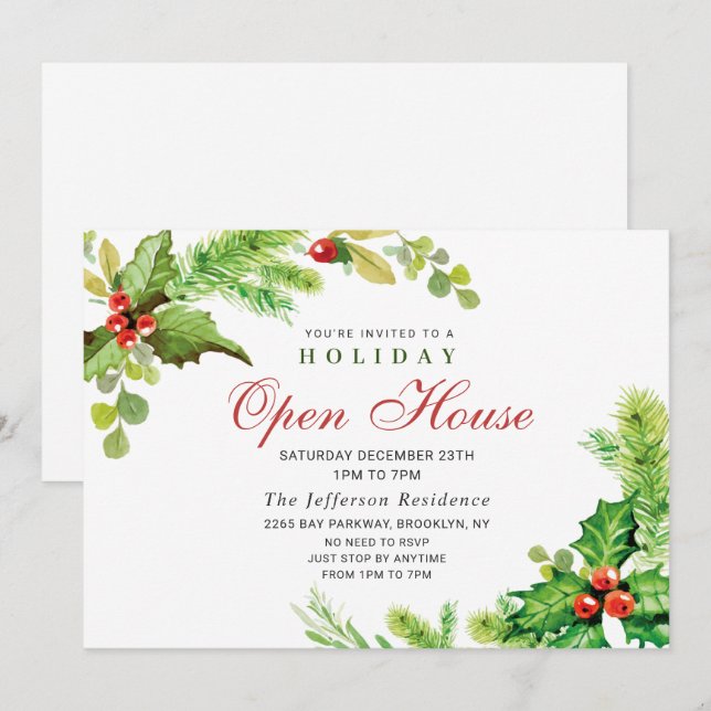 Convite Festivo Holly Berry Natal Open House (Frente/Verso)