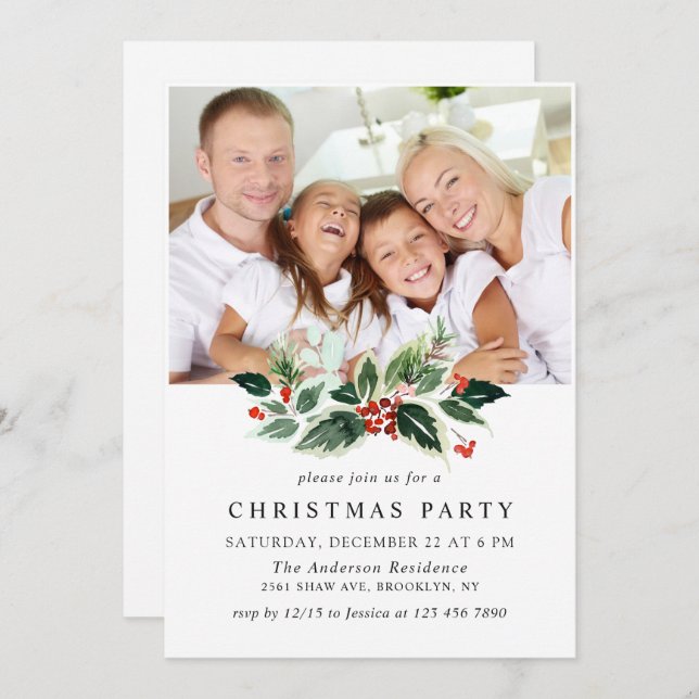 Convite Festivo Holly Berry PHOTO Festa de Natal (Frente/Verso)