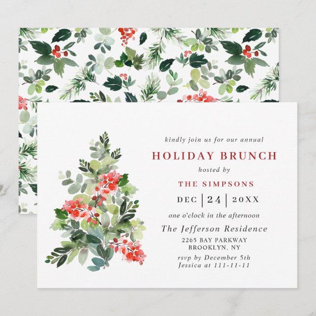 Convite Festivo Holly Berry Tree HOLIDAY BRUNCH NATMAS (Frente/Verso)
