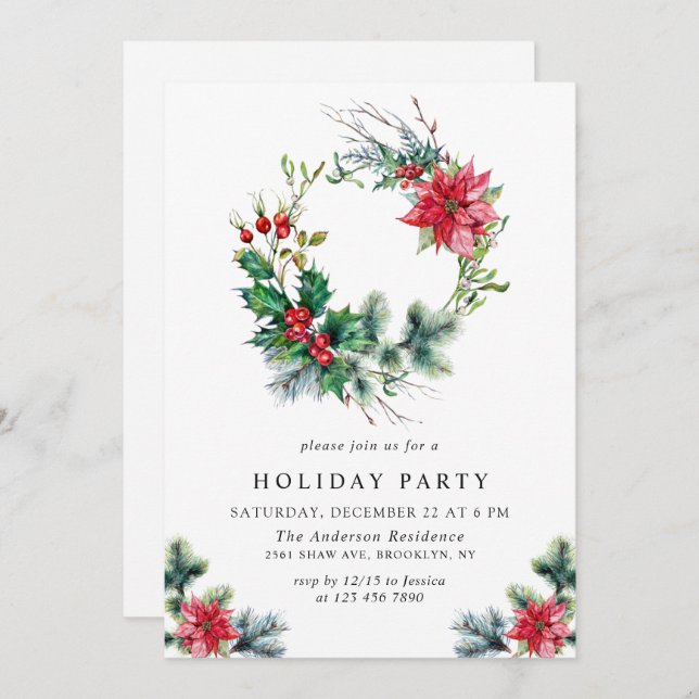 Convite Festivo Holly Berry Wreath Festa de Natal (Frente/Verso)