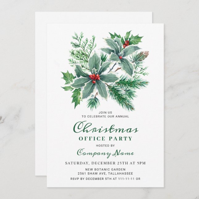 Convite Festivo Holly Christmas Corporate Holiday Party (Frente/Verso)