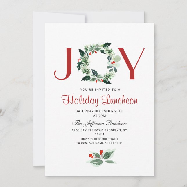 Convite Festivo Holly Wreath Férias Natal Lunchedo (Frente)