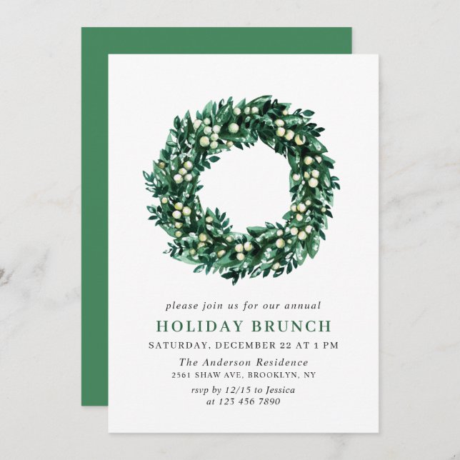 Convite Festivo Holly Wreath Natal HOLIDAY BRUNCH (Frente/Verso)