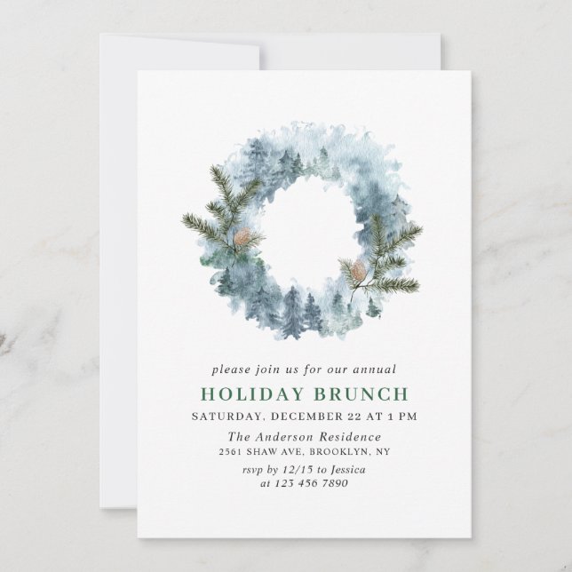 Convite Festivo Holly Wreath Natal HOLIDAY BRUNCH (Frente)