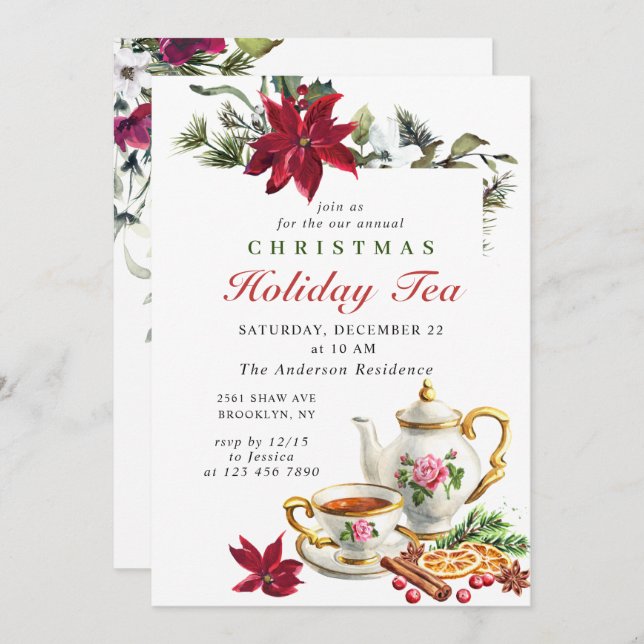 Convite Festivo Poinsettia Feriado Natal Festa de Chá (Frente/Verso)